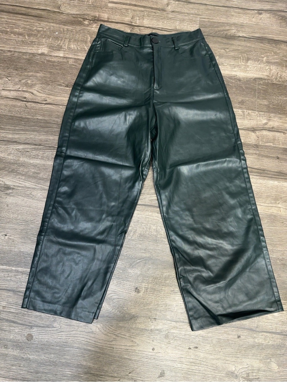 ZARA Dark Green Faux Leather High Rise Wide Leg Pants Size M - Picture 3 of 13